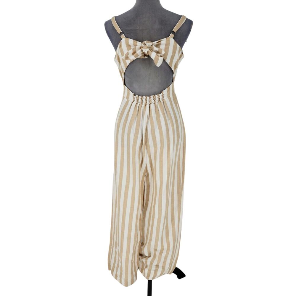 Rails Jumpsuit Womens Medium Beige Stripe Linen Blend Ankle Crop Teresa Coastal - Picture 2 of 14